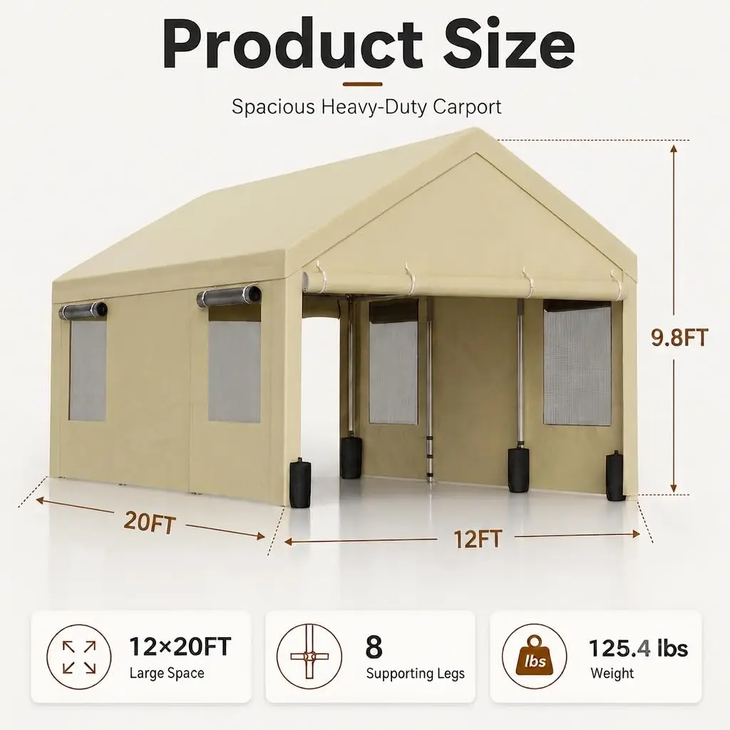 12x20 Heavy Duty Carport, Portable Garage for Truck SUV, Khaki