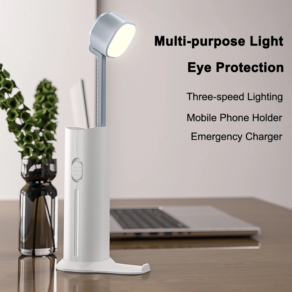 Eye Protection Desk Lamp, Power Bank, Suporte do telefone, 1200mAh, recarregável, luz de leitura, regulável, ao ar livre, Camping, lanternas portáteis