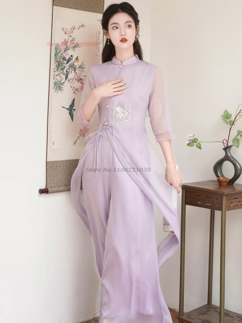 2025 فيتنام فستان عتيق مطرز بالزهور الوطنية فستان تشيباو الشيفون + فستان أطفال مع سروال داخلي ريترو أوداي أنيق فستان مأدبة شرقية