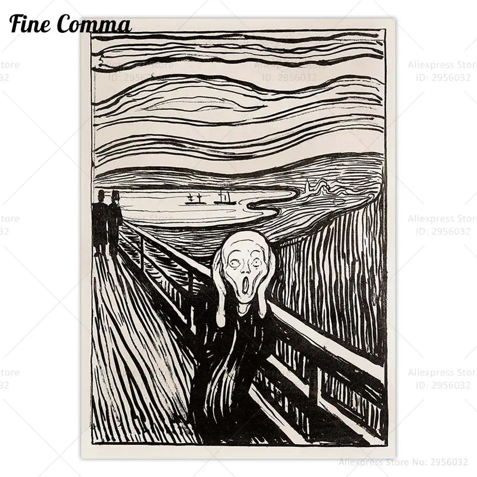 The Scream Edvard Munch Vintage Poster Black and White Painting Wall Art Canvas Print Sketch Picture Illustration Home Decor