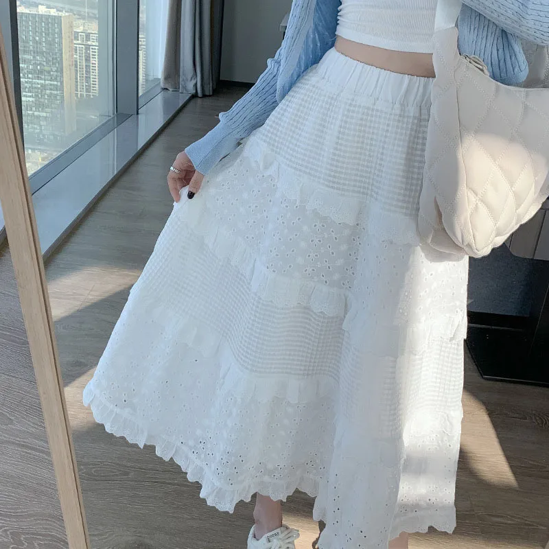 Casual White Lace Cake Skirts for Women High Waist A-line Long Skirts Elegant Slim Midi Skirts Female Clothes Preppy Style Skirt