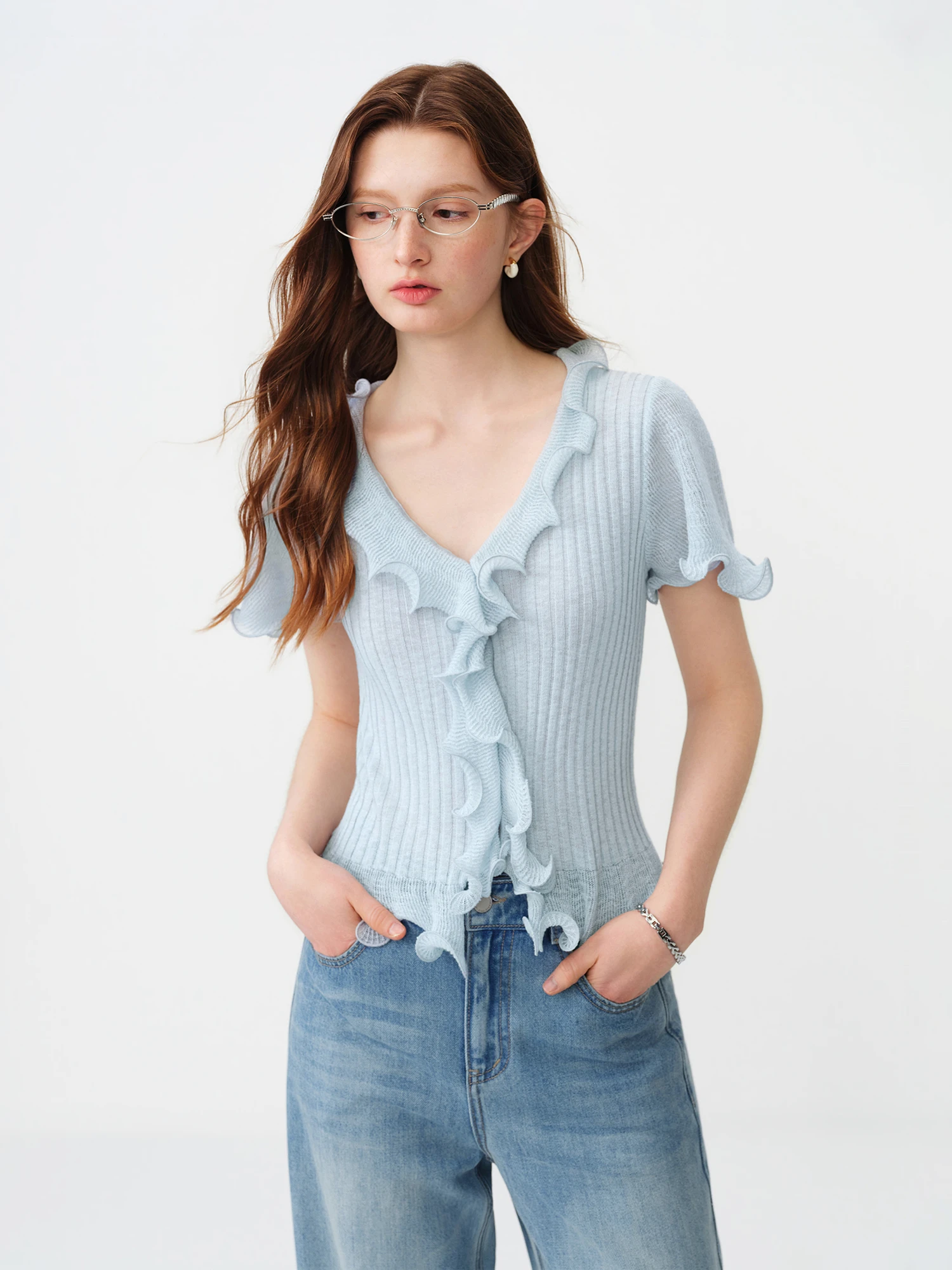 FSLE 2026 Summer Women‘s V-Neck Ruffle Trim Knit Top, Short Sleeve Flowy  Short Sleeves Blouse Lightweight Coquette Soft Style view 4