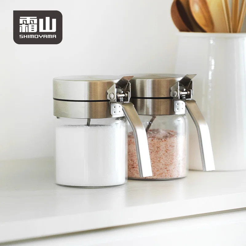 

SHIMOYAMA High Borosilicate Glass Seasoning Jar with One-Hand Opening Metal Lid and Spoon for Pantry Kitchenware Set