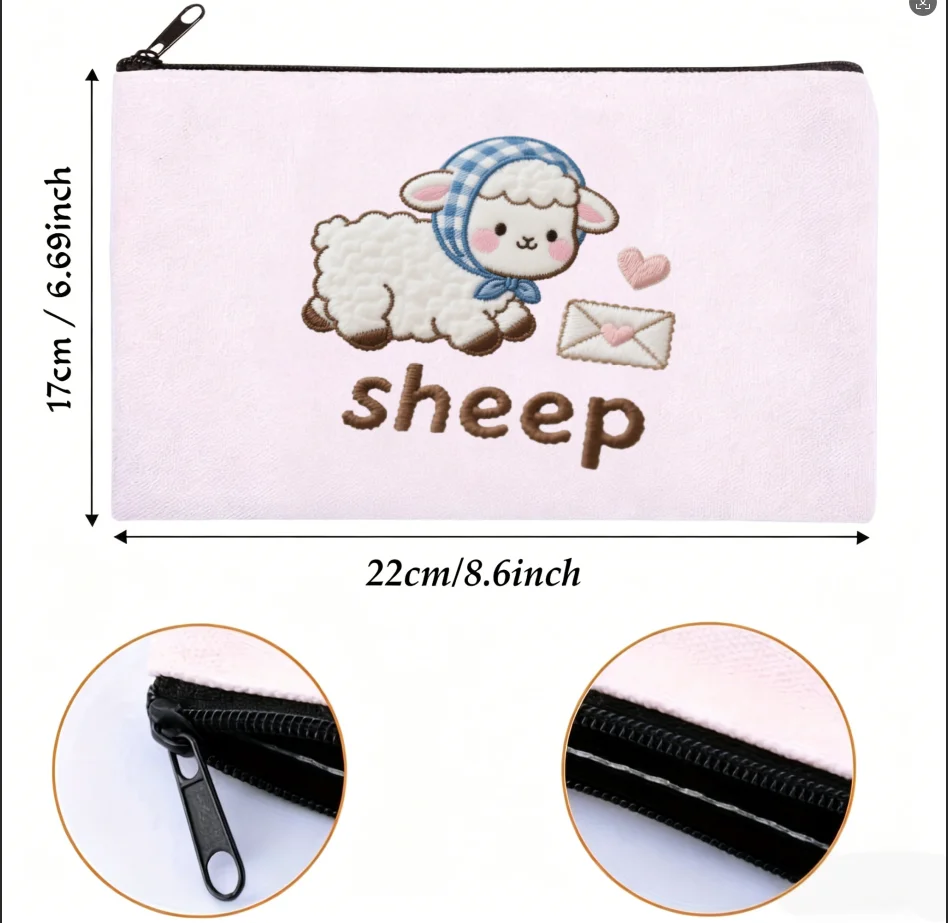 1PC Kawaii Cartoon Sheep Love Envelope Print Canvas Cosmetic Bag Portable Zipper Storage Pouch