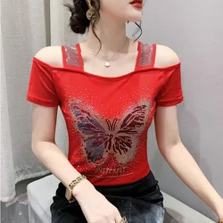 Camiseta de manga corta con hombros descubiertos para mujer, Tops sexys de malla con diamantes, Blusas de M-3XL en rojo y negro, novedad de verano 2024