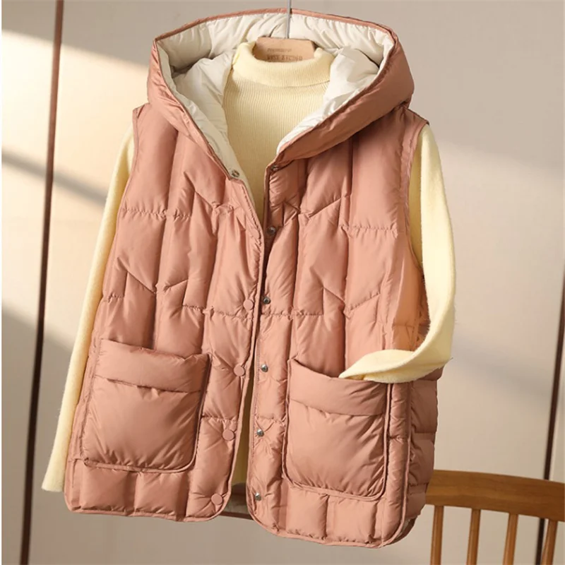 Women Light Thin White Duck Down Vest Jacket Autumn Winter Oversize Hooded Down Waistcoat Coat Parkas Lady Short Sleeveless Tank