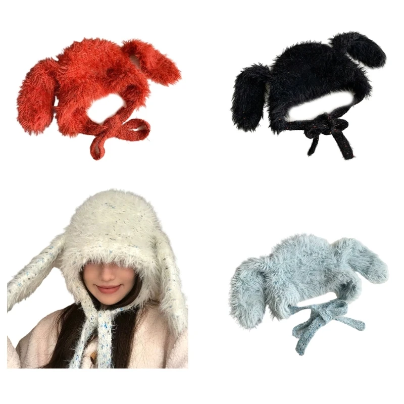 Soft Plush Bunnies Ear Hat Unique Women Men Hat Winter Wear Daily Use Hat DXAA