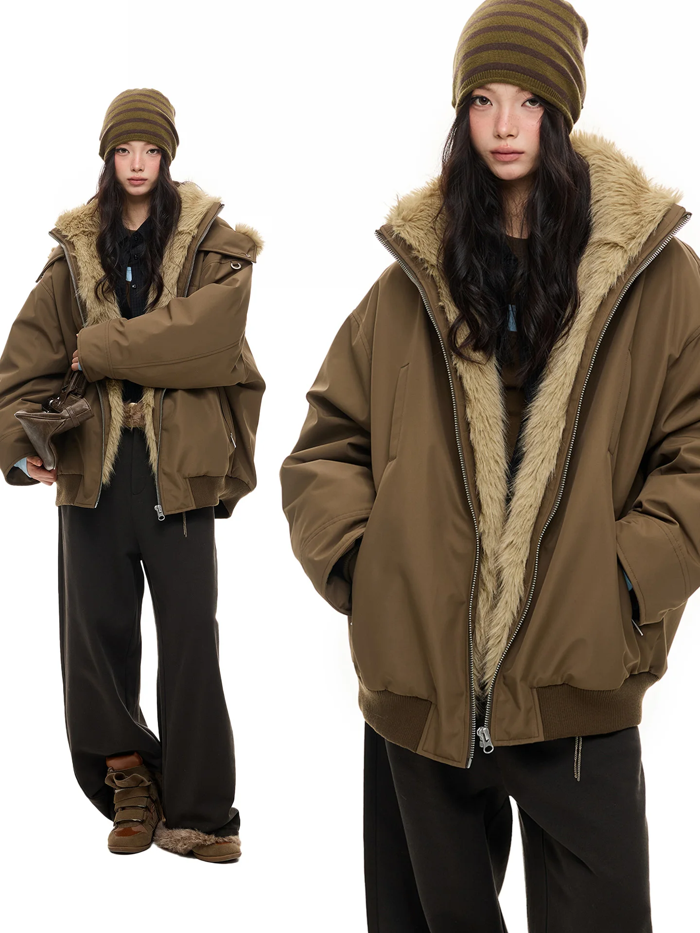 

JIKOO December Manuscript Retro Hooded Jaet Patchwork Color Blo Fur Lined Cotton Outerwear Thiened Long Sve Zipper C...