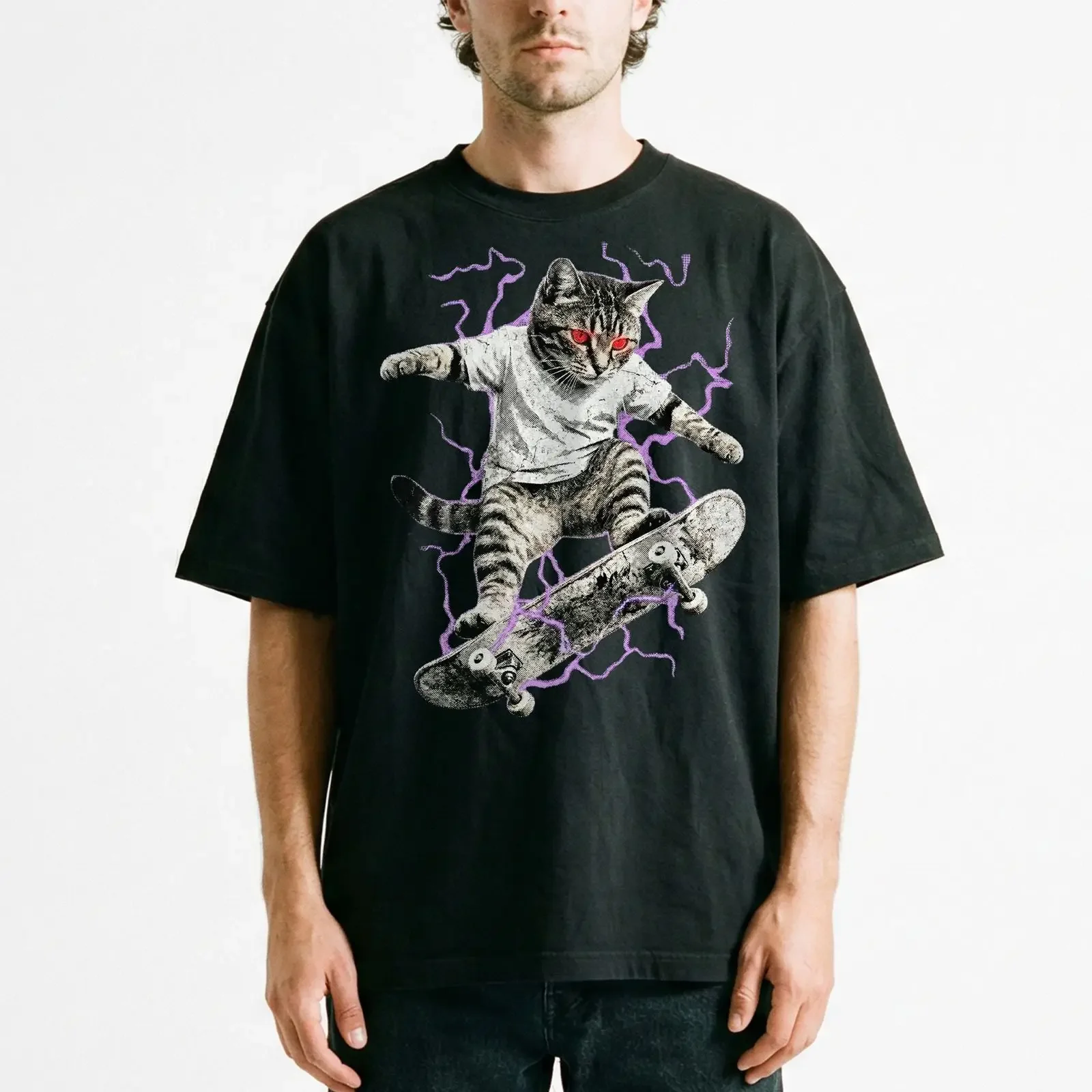 Zombie Cat Skater Undead Horror T Shirt Skateboard Spooky Scary vintage Washed Soft Breathable homme Slightly Versatile