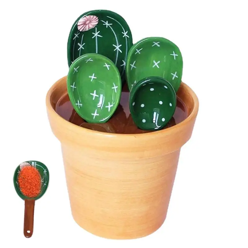 

Porcelain Measuring Spoons Set Cactus Shape Food Spoon Ceramic Stirring Spoon With Holder Flower Pot Measuring Spoon Supplies