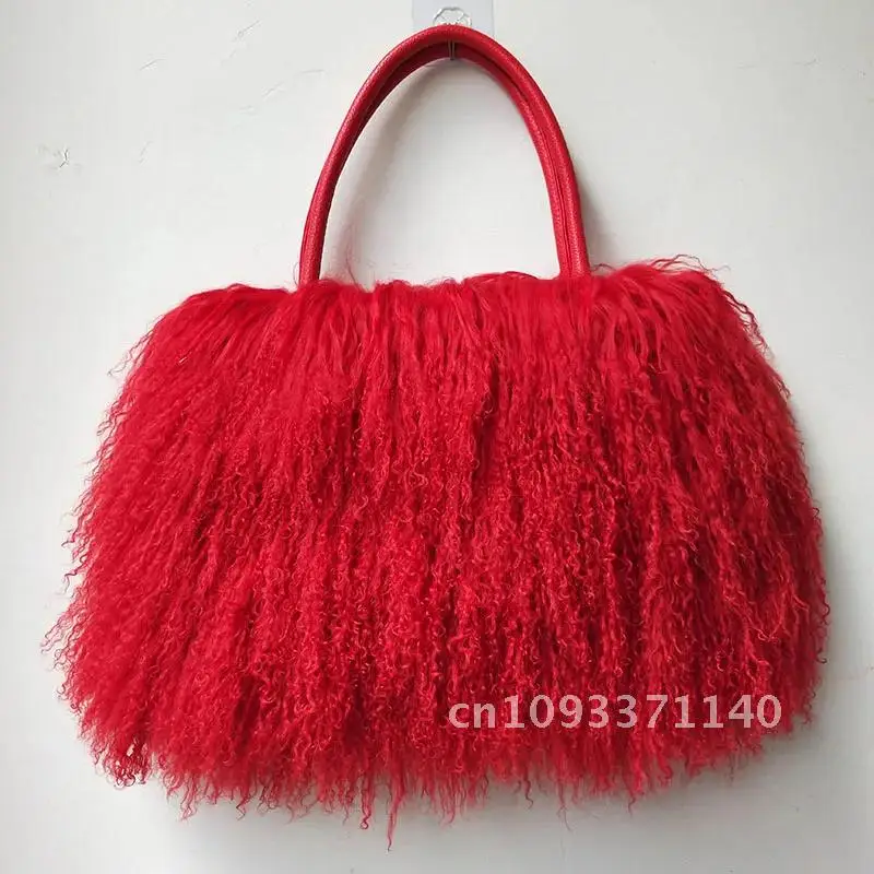 

Winter Real Mongolia Lamb Fur Handbag Women Casual Tibet Femme Tote Fur Bags Hair Genuine Bag Natural Long Shoulder