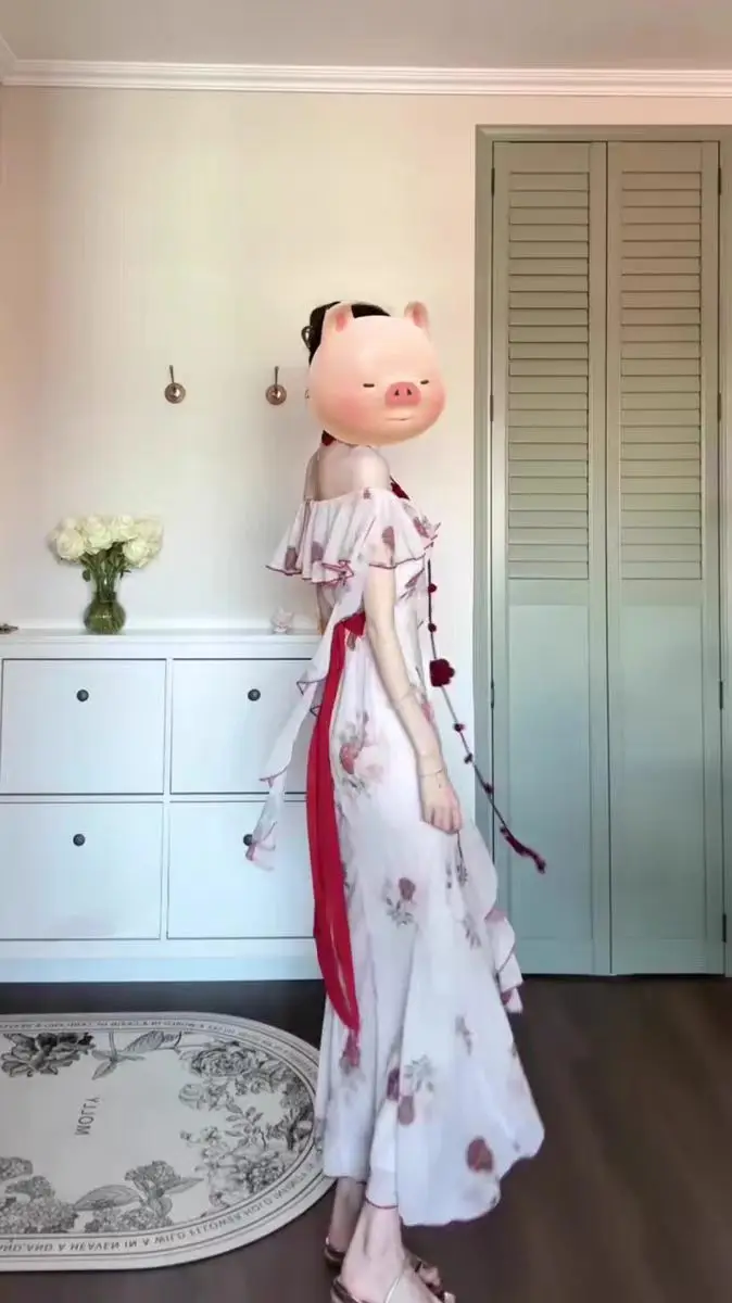 

Women Off Shoulder Ruffle Maxi Dress Elegant Floral Print Slim Fit Long Dress Vintage Fairy Style Summer Party Dress 2026 New