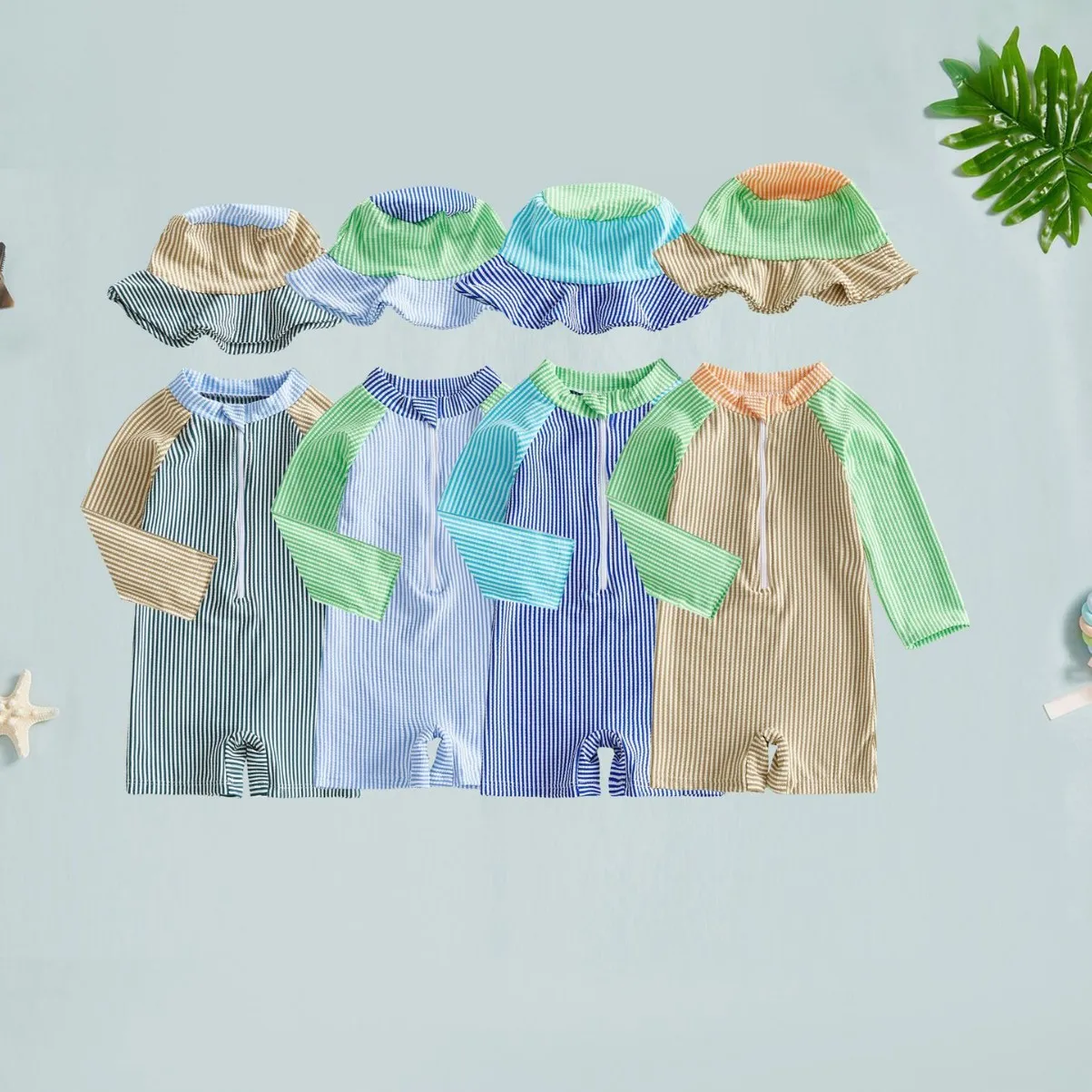 Boys Summer One-piece Swimsuit with Hat Kids Casual Long Sleeve Striped Sunscreen Quick-Dry Swimwear Baby Bathing Costume