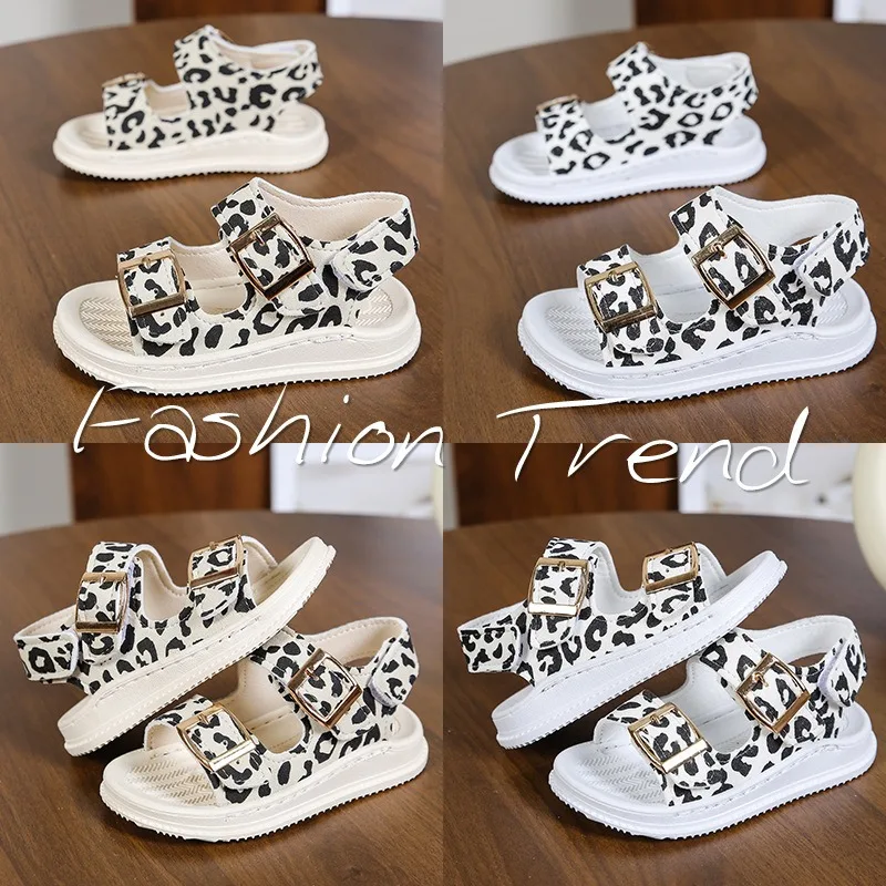 Girls' Korean Sandals 2026 Summer New Collection Kid's Leopard Pattern Soft Bottom Beach Shoes Anti Slip Cartoon Girls' Shoes