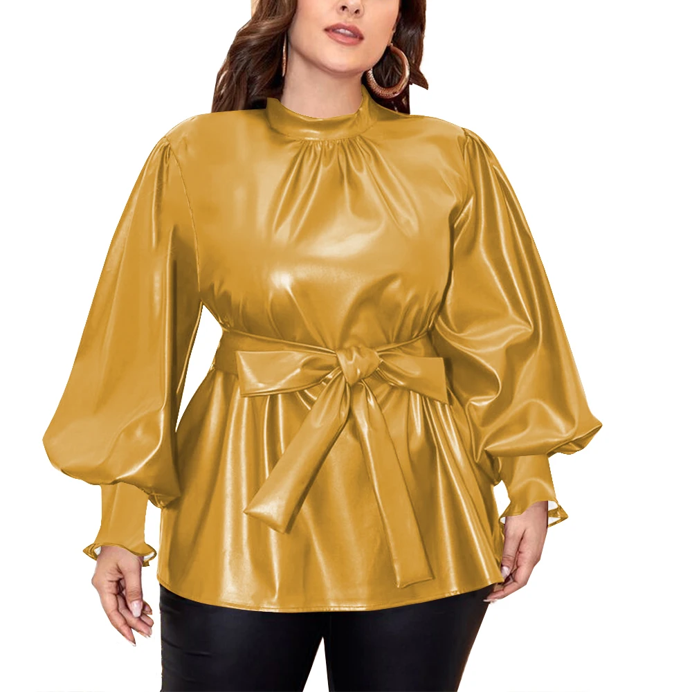 بلوزة عصرية بأكمام طويلة منتفخة بقصة ضيقة من البولي يوريثان مع حزام خلفي وسحاب علوي للسيدات قطع علوية كلاسيكية من الجلد الصناعي للمكتب #4