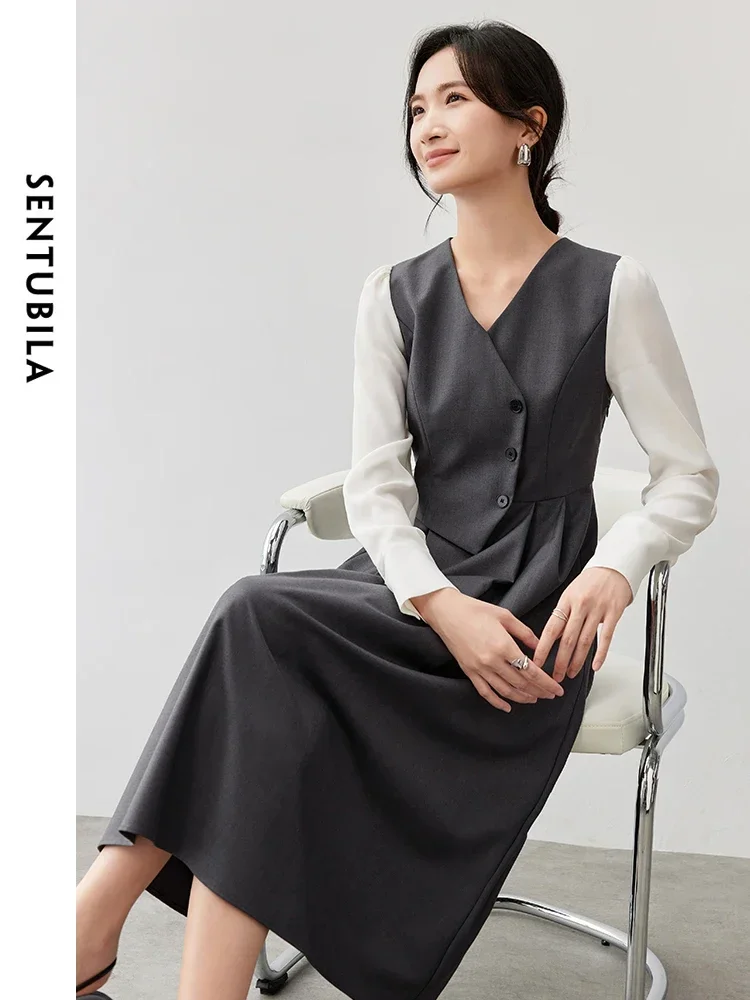 SENTUBILA Patchwork Retract Waist Dresses Woman 2024 Autumn A-line V Neck Folds Long Sleeve Office Lady Simple Dress 143L56668