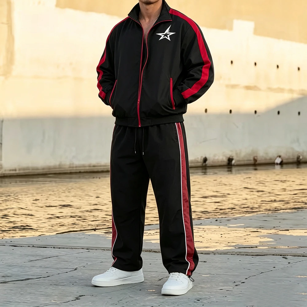 Men Color Block Tracksuit Side Striped Full Zip Stand Collar Jacket Drawstring Hem Pants Layered Pentagram Print Casual Set