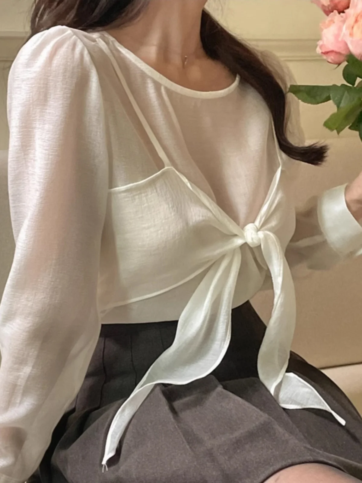 Ele Sweet Sle femmes irt avec sangle à nœud longue Sve faux haut deux pièces coréen trajet couleur Pure coupe ample
