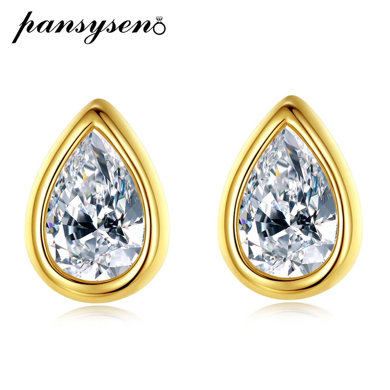 PANSYSEN 100% 925 sterling silver 5x7MM pear cut high carbon diamond gemstone stud earrings wedding party girl fine jewelry gift