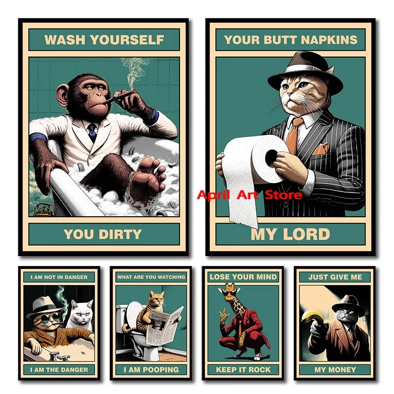 Wash Yourself Posters Bathroom Suit Animal Bath Sign Canvas Printing Lion Monkey Cat Quotes Wall Art Pictures Toilet WC Decor