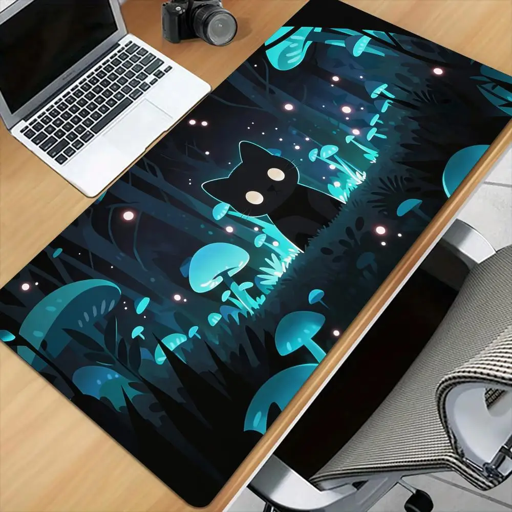Fluorescent mushrooms and black cat Mouse Pad Desk Mat with Stitched Edge Mousepads Rubber Anti-slip Gamer Keyboard Gaming Mats