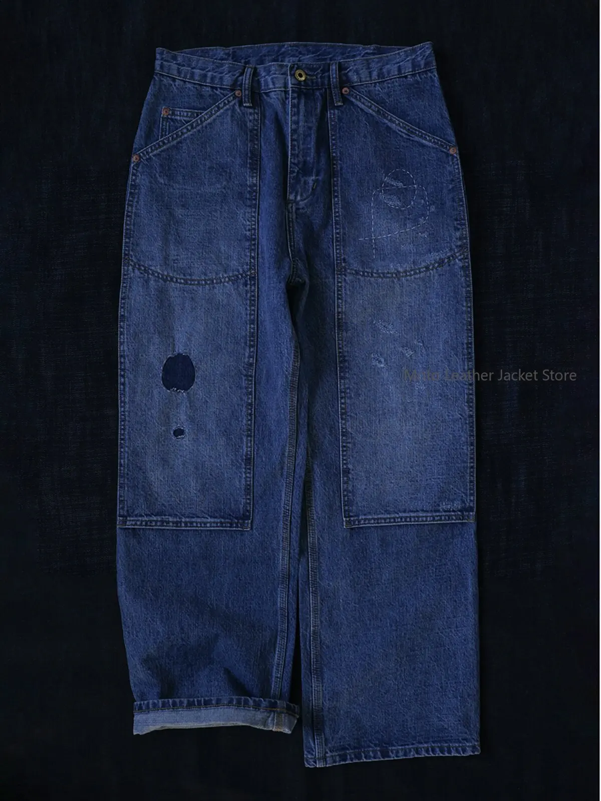 

Secondorder FW23 Double Knee Carpenter Pants Washed Denim with Hand Patches Work Jeans