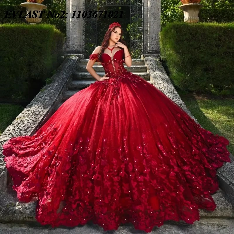 

EVLAST Красное платье принцессы Quinceanera по индивидуальному заказу, бальное платье с кружевной аппликацией и бисером, с открытыми плечами, Sweet 16, Vestidos De 15 Anos E2Q21