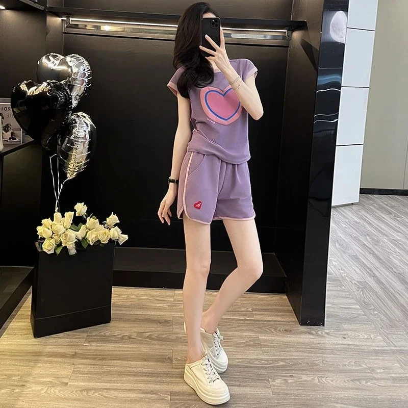 

Round Neck Cotton Print Women's Short Sets 2 Pieces Summer Fashion 2025 Chic and Elegant Stylish Korean Style Kit Female Shorts