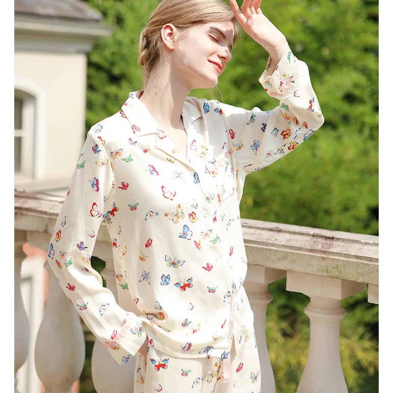2023 Pajamas Women New Sweet and Lovely Butterfly Long-sleeved Trousers Two-piece Set Viscose Luxury Clothes Thin Pijama Mujer