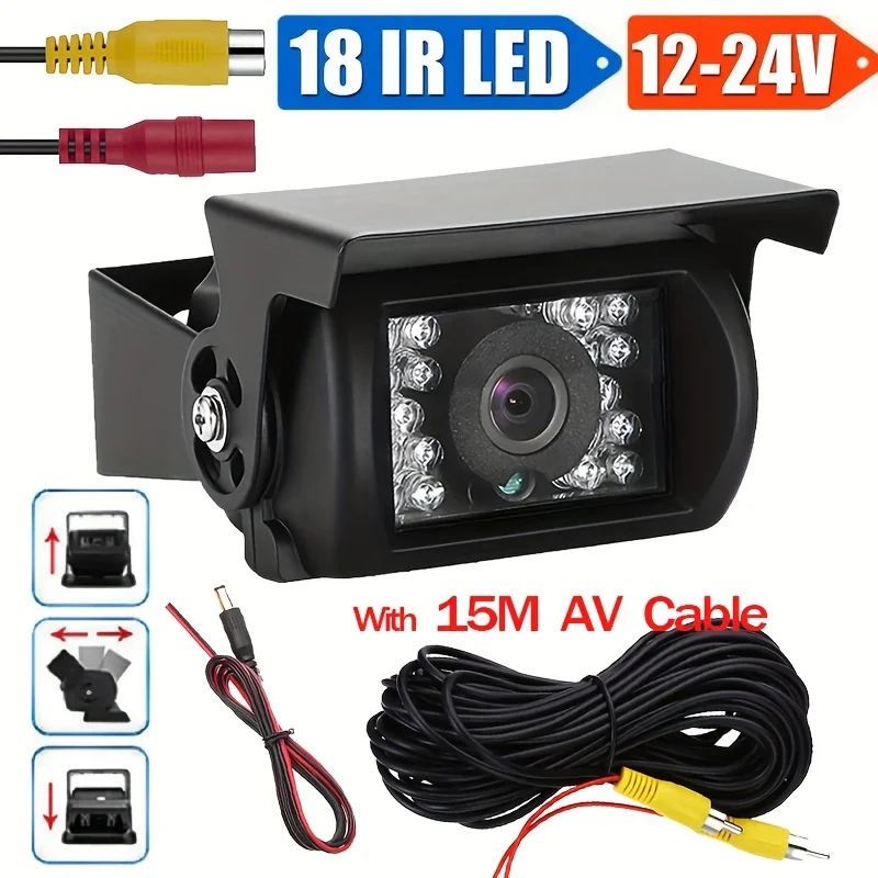 

18-LED Infrared Night Vision Backup Camera for RV, Camper, Truck, Bus - Wide Angle HD Rear View,12V-24V, Includes 15m RCA Cable