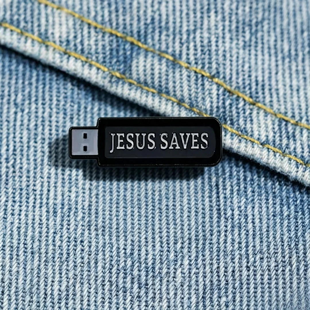 Christian Faith USB Stick Enamel Brooch Jesus Saves Text Religious Belief Design Metal Lapel Pin Bag Hat InspirationalDecorBadge