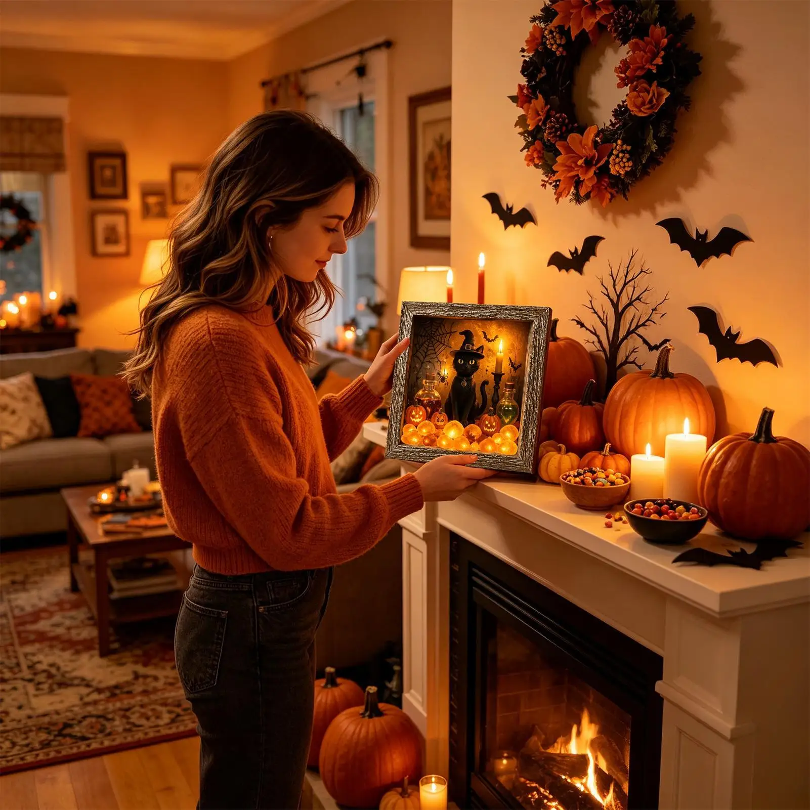 Sea Glass Framed Artwork Sea Glass Stone LED Memory Box Set 21.5x21.5x3.7cm Lighted Halloween Table Decor For Mantel Dinner - view 2