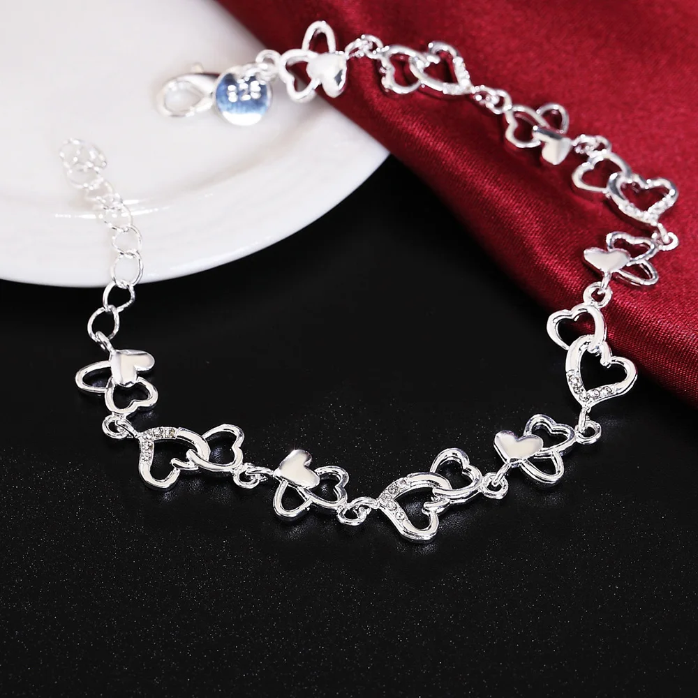 Fine charms 925 Sterling silver Pretty romantic heart chain Bracelet for woman luxury jewelry Wedding party Holiday gifts