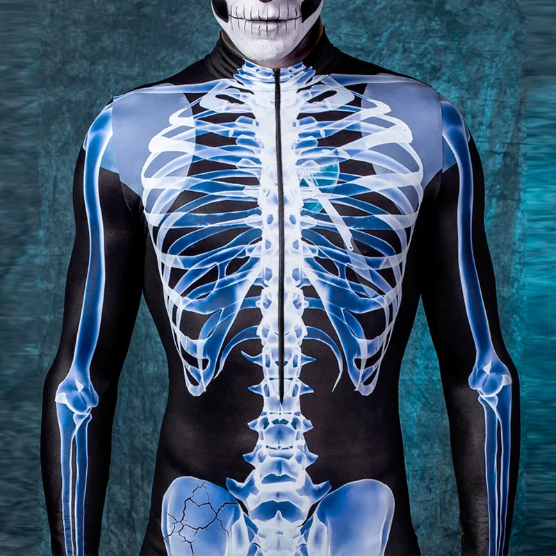 Fato de esqueleto humano raio X para homens, festa de Halloween, bodysuit engraçado, manga comprida, zíper traseiro, roupas justas, roupas, macacões