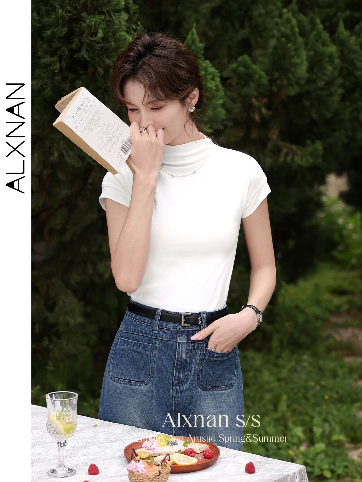 ALXNAN Women Simple Fitted White T Shirts Women Short Sleeve Summer Tops 2024 Buttons Half Turtleneck Basics Tees Clothes L33967