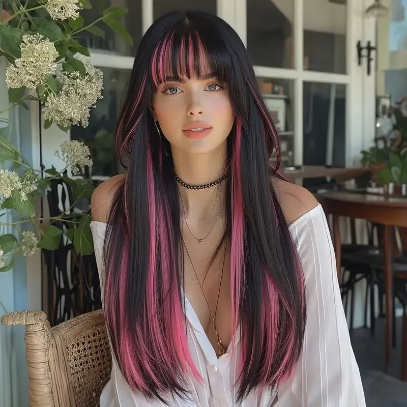 

Allbell Magique Black Highlight Pink Fashion Synthetic Wig with Bangs Long Straight For Women Cosplay Party Christmas Halloween