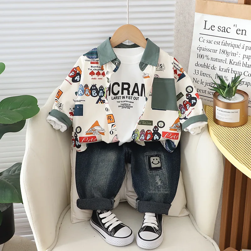 Baby Tracksuit Set 2024 Spring Korean Style Printed Turn-down Collar Shirts + White T-shirts + Jeans Children Clothes Boys Suit