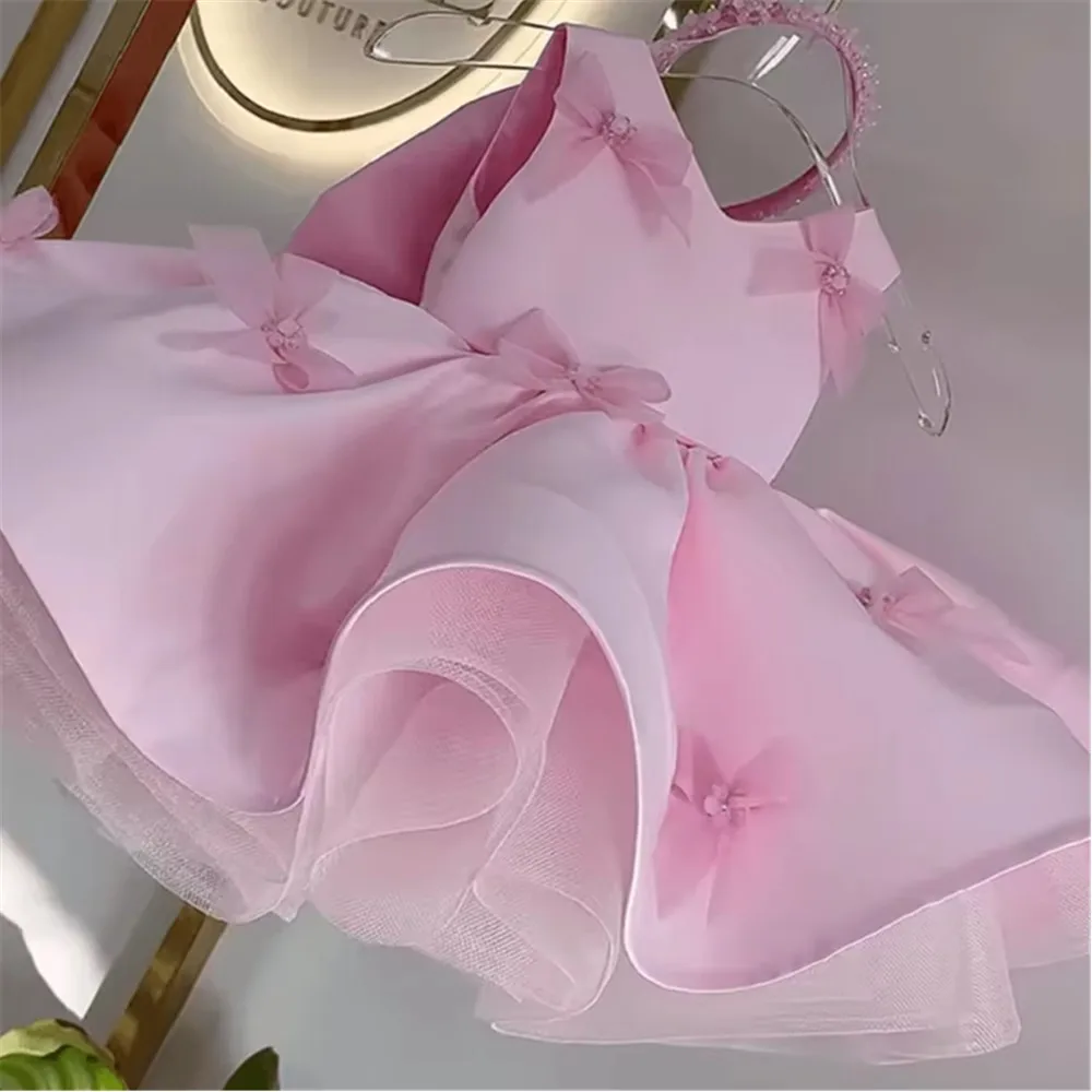 

Lovely Pink Flower Girl Wedding Dress Sleeveless with Bow Layered Puff Princess Birthday Party Dress Kids First Communion Gown