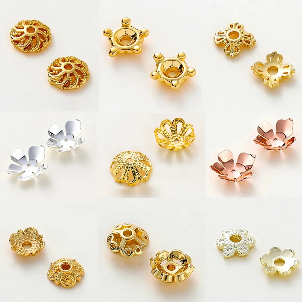 10/20/100Pcs 18K Gold Brass Flower Tree Leaf Round Beads Caps Tessal Caps Jewelry Beads Making Supplies Diy Findings Accessories