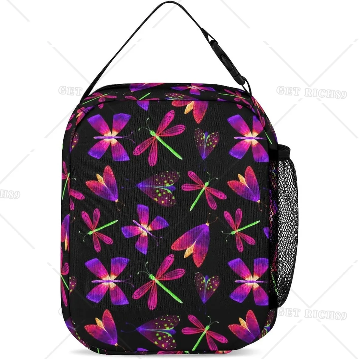 Borsa da pranzo nera con libellula a farfalla al Neon, scatola da pranzo portatile con capacità, borsa da pranzo grande riutilizzabile per uomo donna con lato.