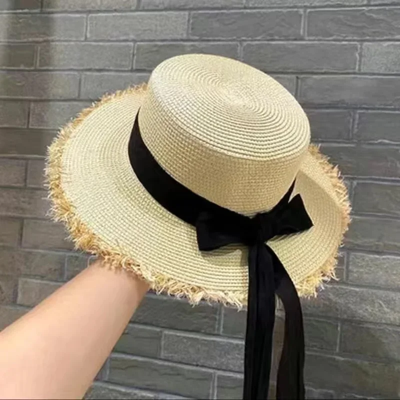 Summer Versatile Fashionable Straw Hat For Women Beach Vacation Woven Grass Bow Ribbon Small Fresh Sun Protection Sunshade Hat