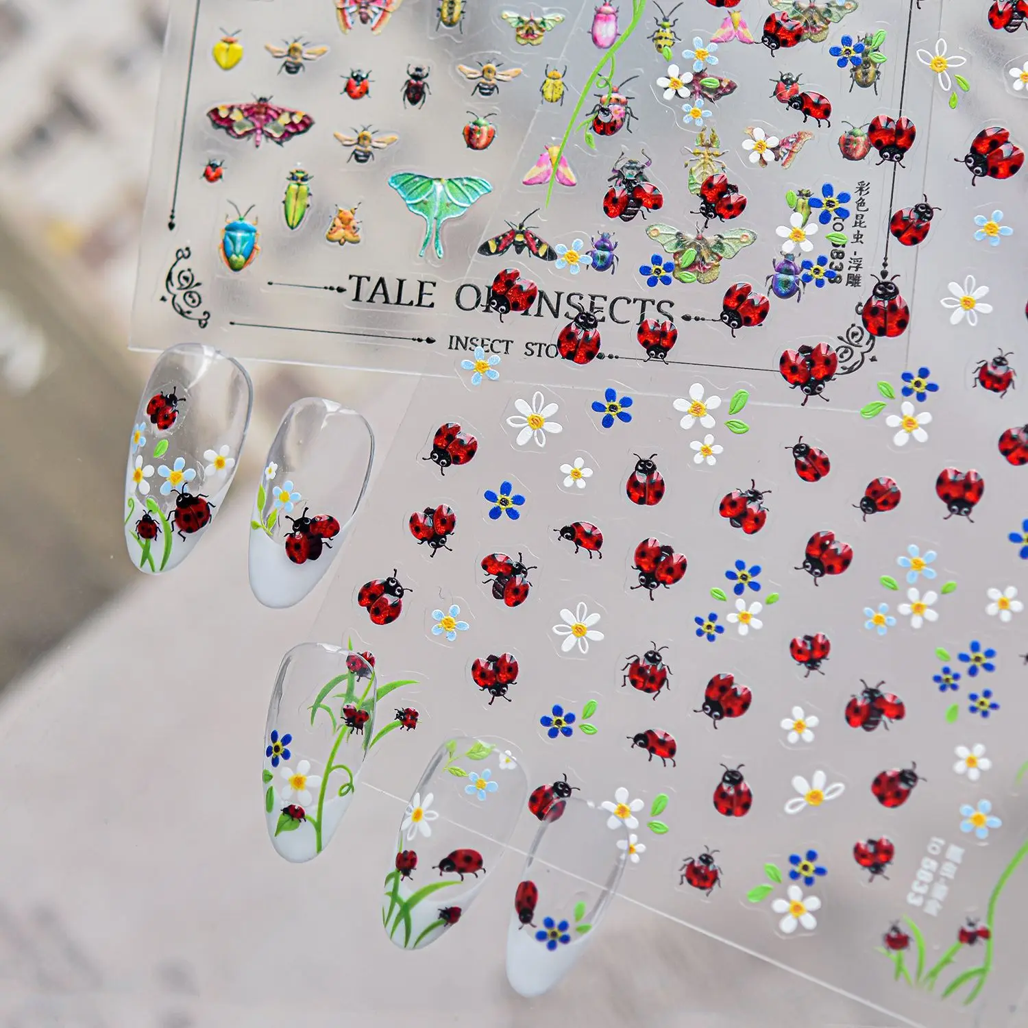5D Pastoral Fresh Nail Stickers Red Background Black Dot Ladybug White Flower Green Vine Grass Petal Self-adhesive Nail Decals