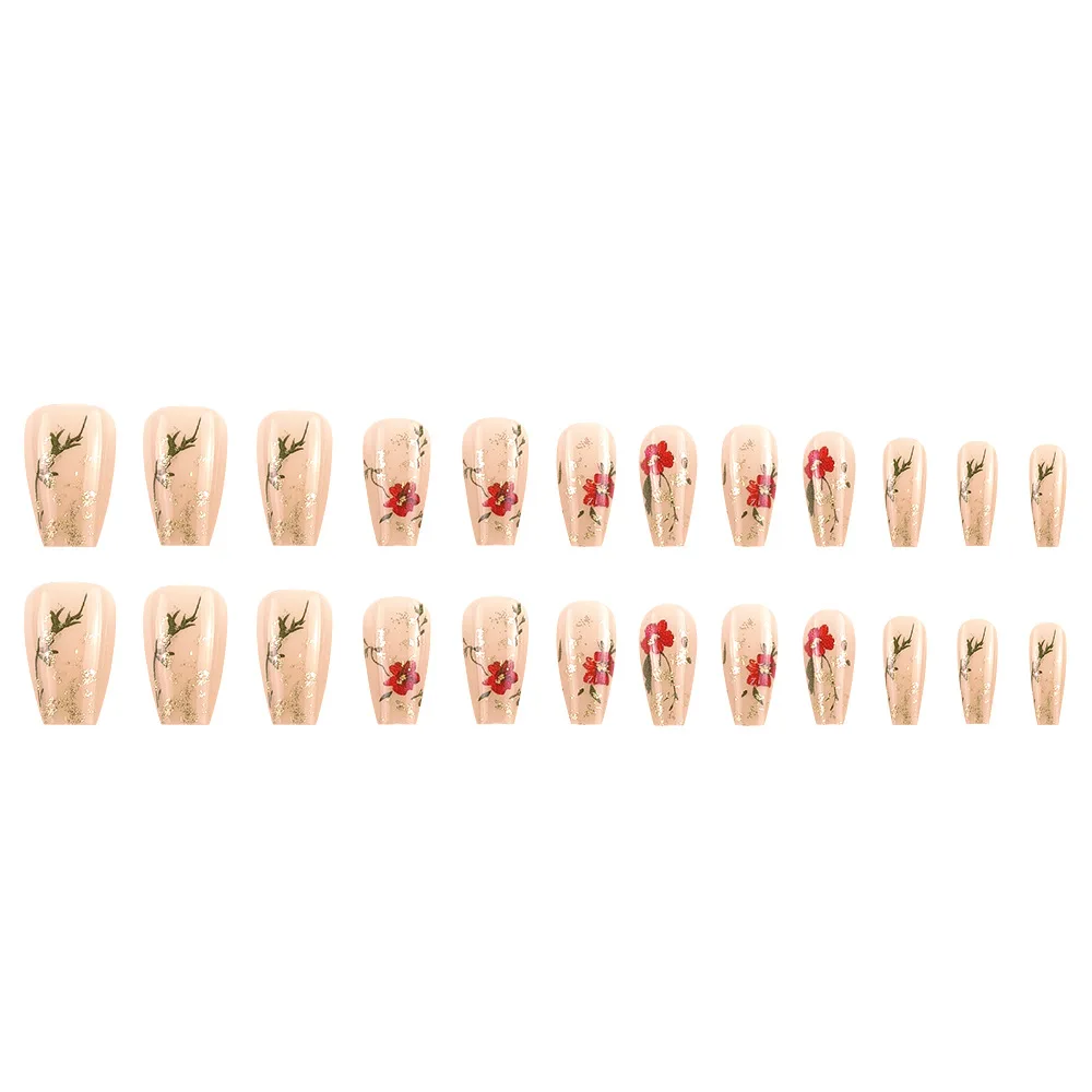 เล็บปลอมแบบกดติด 24 ชิ้น - กลิตเตอร์สีทอง ประดับดอกกุหลาบสีแดงแต่งขอบสีเขียว |   สไตล์ดอกไม้สุดหรู