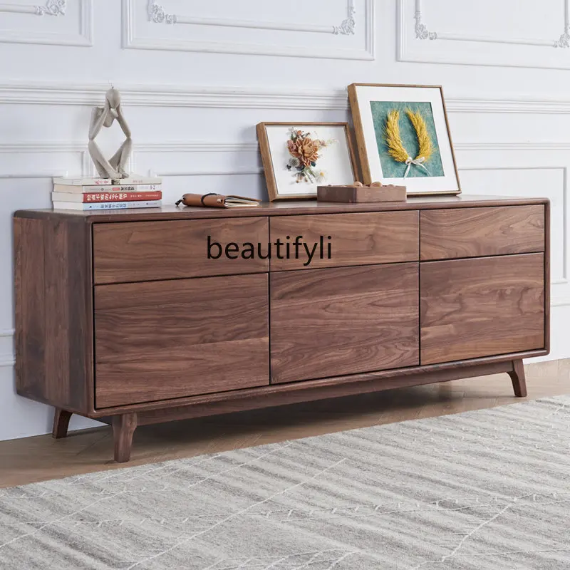 Black Walnut Nordic Light Luxury Bedroom TV Stand Solid Wood Living Room Log Complete Storage Cabinet  drawer furniture