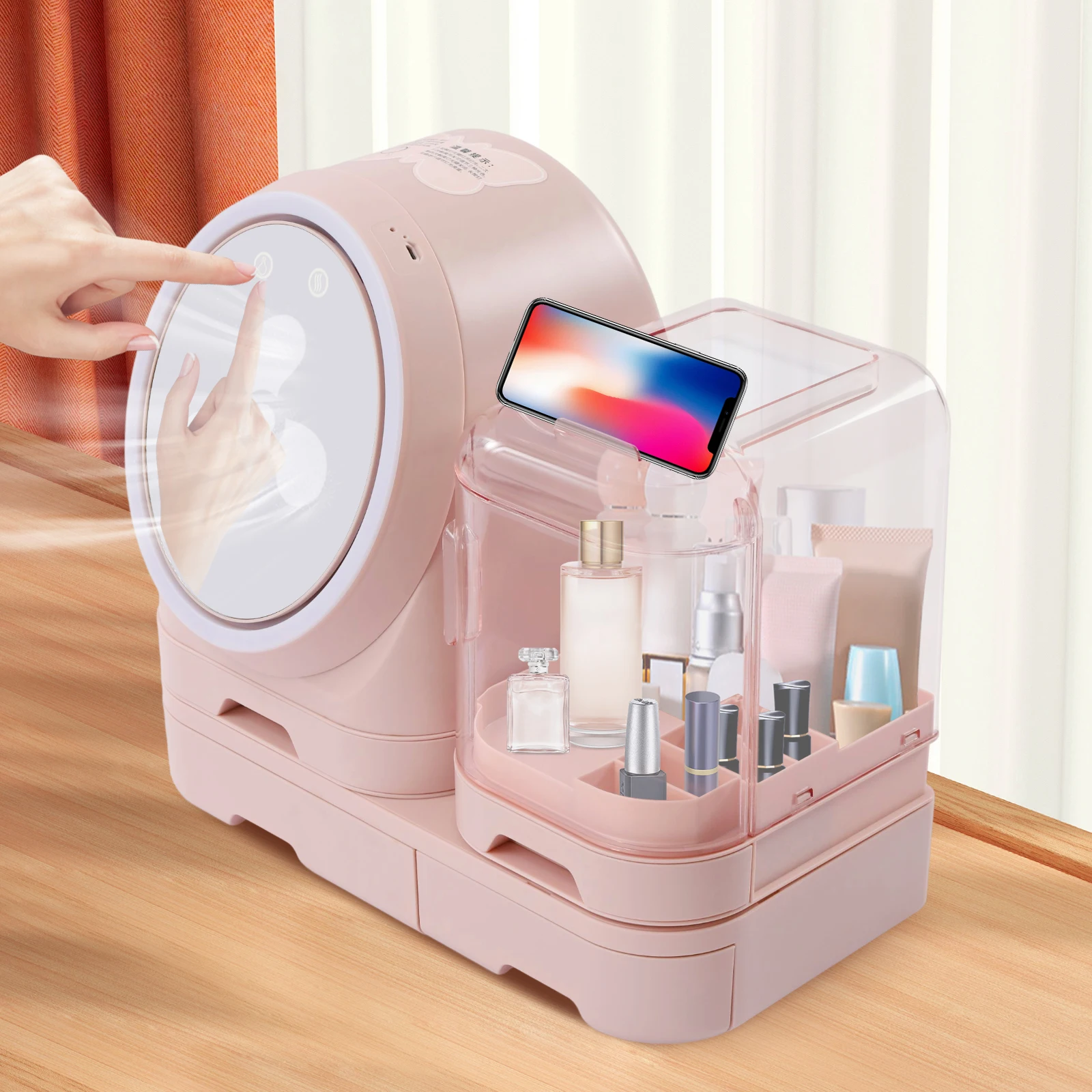 Makeup Organizer with Mirror for Vanity Dimmable Cosmetics Storage Display Organizers With LED Light Skincare Organizer