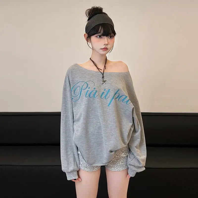 

Gagarich 2025 Commuting Loose Casual Style Spicy Girl Japanese Retro Letter Printed Slanted Neck Shirt Women Slim Versatile Top
