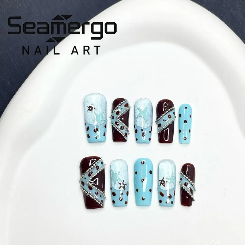 10PCS Blue Cat Eye French Handmade Press on Nails Tips Brown Polka Dots Star Sweet Cool Medium Coffin Fake Nails for Spice Girls