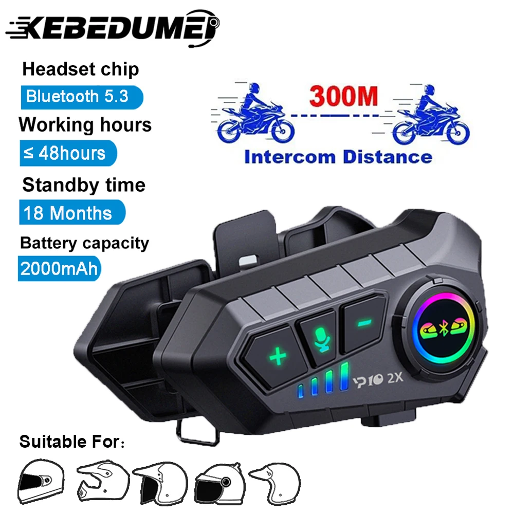 Motorcycle Intercom Helmet Headset 300m Wireless Communicator Interphone 2000mah Waterproof Bluetooth Earphone Handsfree Call