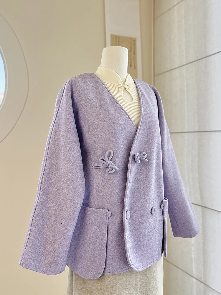 

Теплое женское свободное пальто из шерсти фиолетового цвета в винтажном китайском стиле, с подкладкой, длинное, повседневное