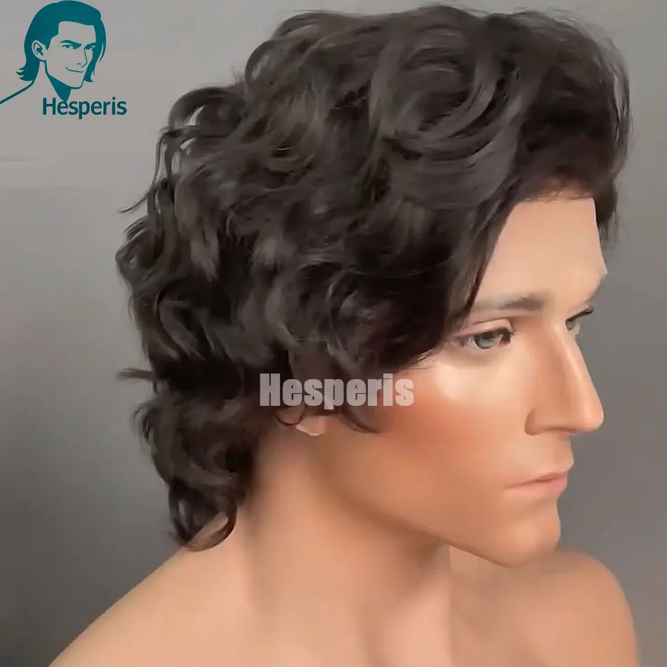 Hesperis Men's Short Cut Natural Wave Human Hair Wig Lace Front Glueless Transparent Lace with Side Part  Male Hair Replacement